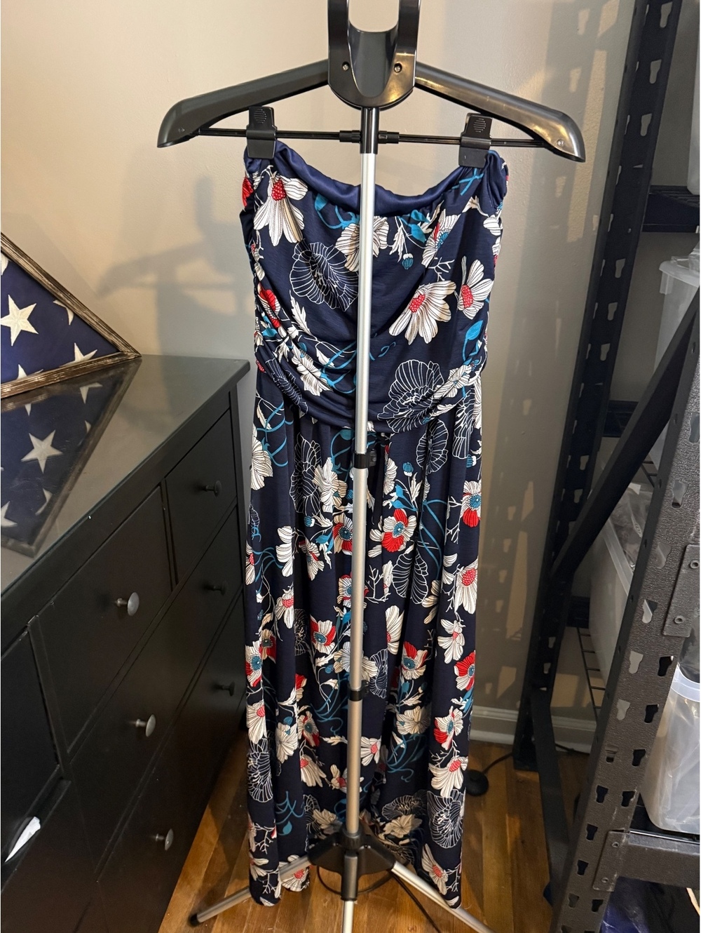 Eloges XL Navy Floral Strapless Maxi Dress Ruched Tube Top Pockets - Picture 2 of 4
